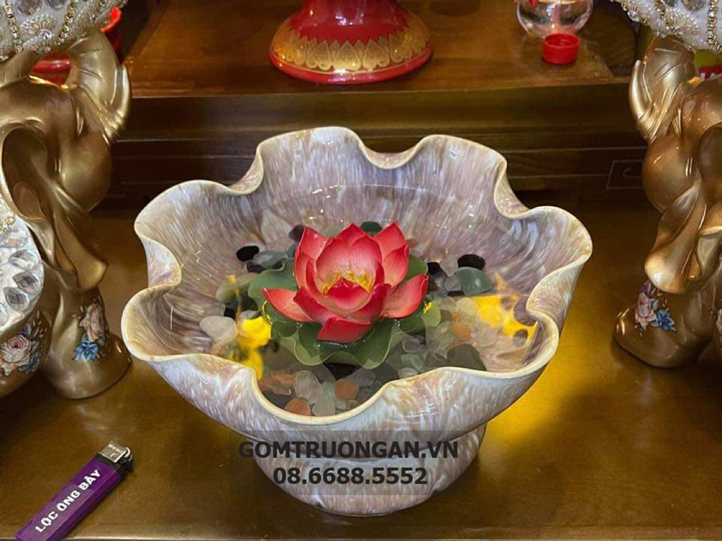 Bát thả hoa thần tài đường kính 20cm men hỏa biến hoàng thổ kèm chân đế(không bao gồm sen sứ) 2